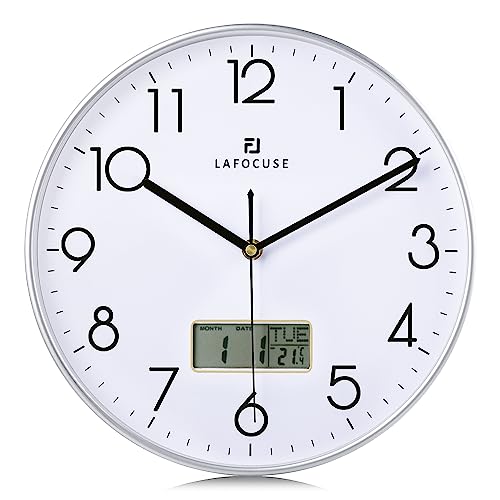Black Wall Clock with Date Month Day of Week and Temperature Silent Non-Ticking Battery Operated Clock I9804