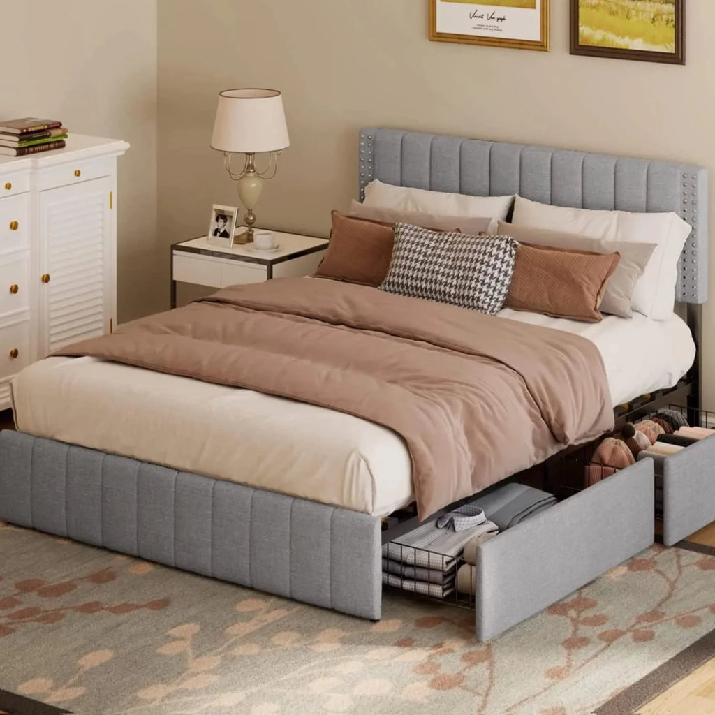 Light Grey Full Size Bed Frame with Storage Drawers L5521