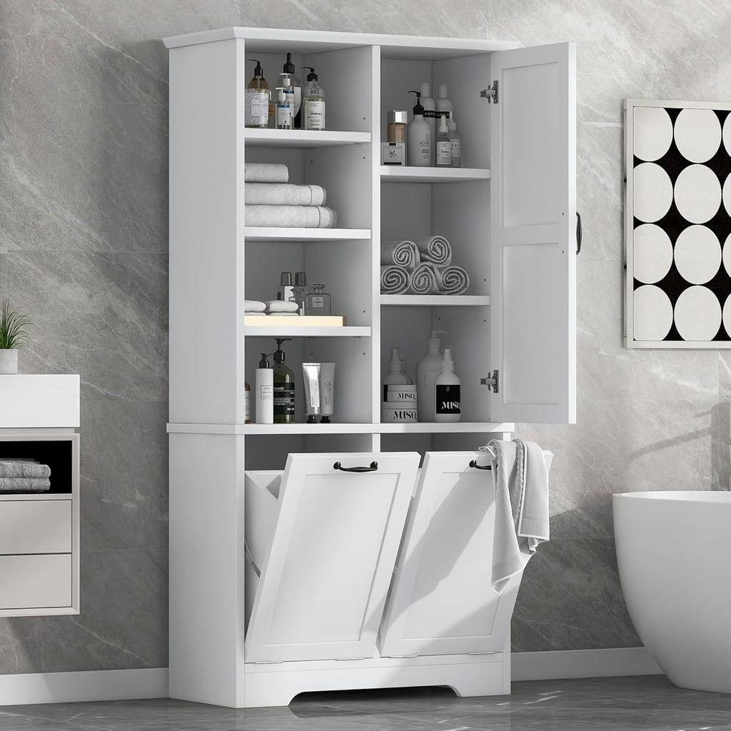 White Tall Bathroom Storage Cabinet with Laundry Hamper L26077