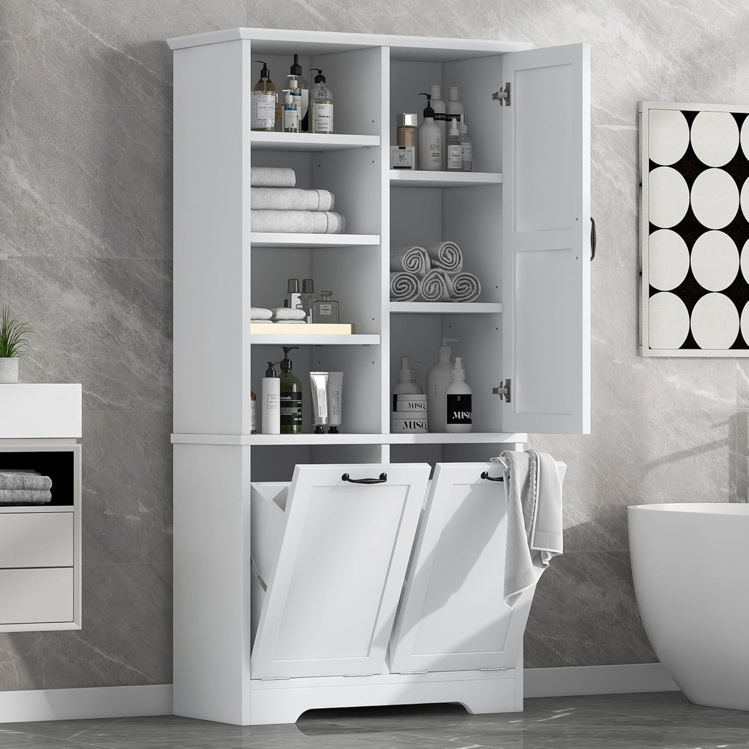 White Tall Bathroom Storage Cabinet with Laundry Hamper L26077