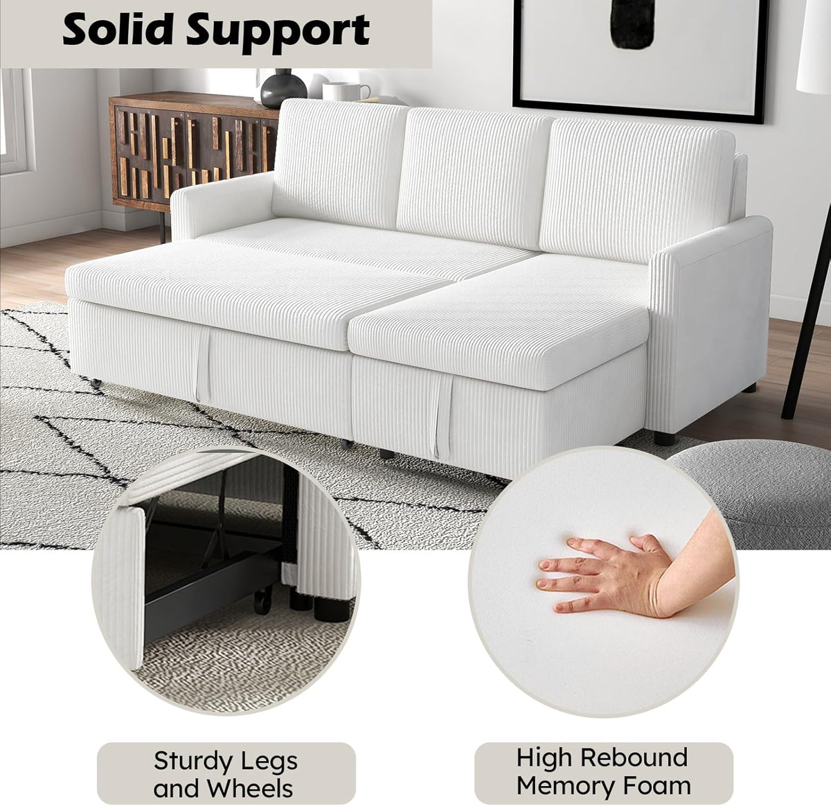 Beige Corduroy L-Shaped Sleeper Sofa with Storage Chaise and 2 Pillows I62279