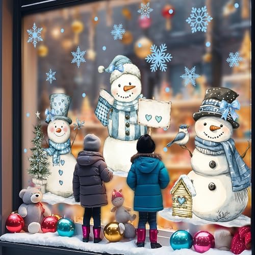 13.8 x 35.4'' Extra Large Christmas Window Clings 3 Sheets Blue Snowman Snowflake Window Stickers Double Sided Glass Decals F5871