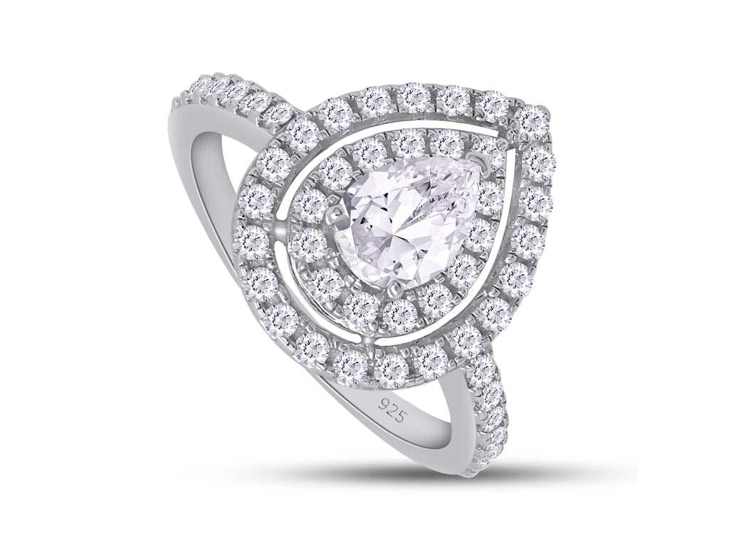 Pear Shaped Double Halo Moissanite Engagement Ring in 18K White Gold Plated 925 Sterling Silver X440760