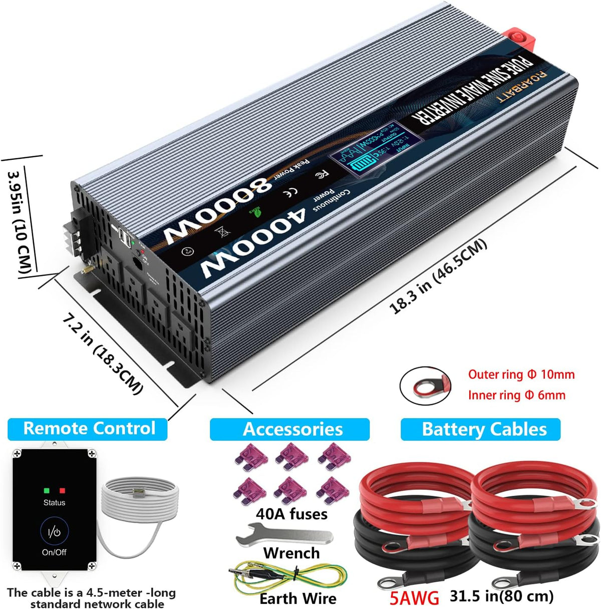 4000Watt 12V DC to AC 110V Power Inverter with Remote Control 4 AC Outlets and Dual USB Port G4848