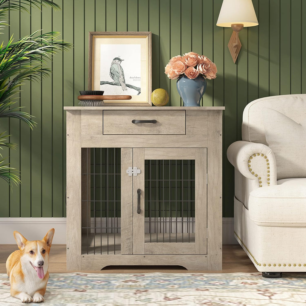 Gray Dog Crate End Table with Drawer, Double Doors, 29.9'' W x 24.8'' D x 30.71'' H T75714