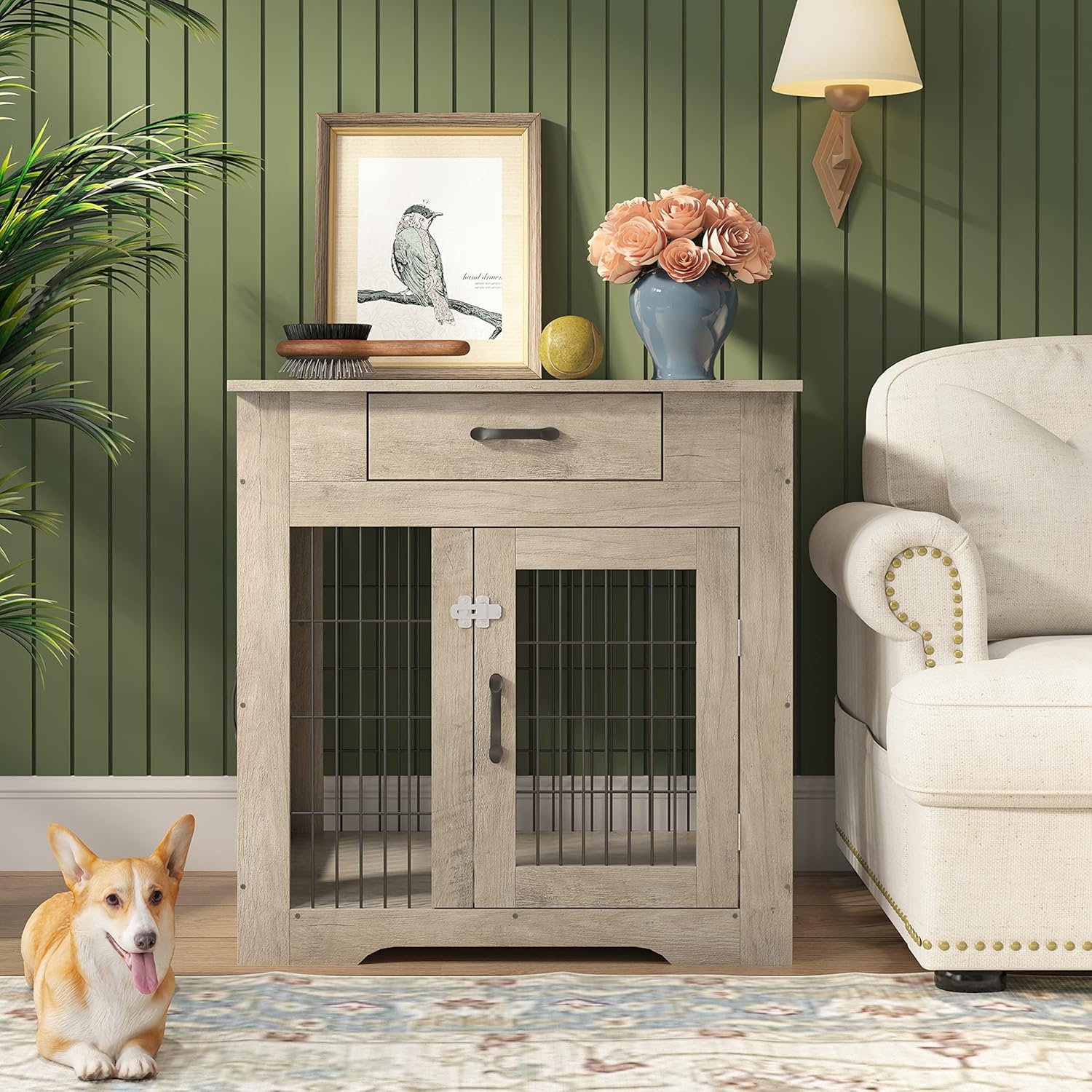 Gray Dog Crate End Table with Drawer, Double Doors, 29.9'' W x 24.8'' D x 30.71'' H T75714