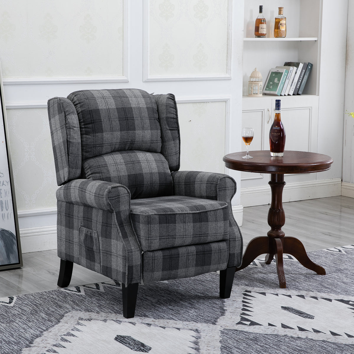 Gray Check Upholstered Recliner Chair with Adjustable Footrest and Side Pocket M47147