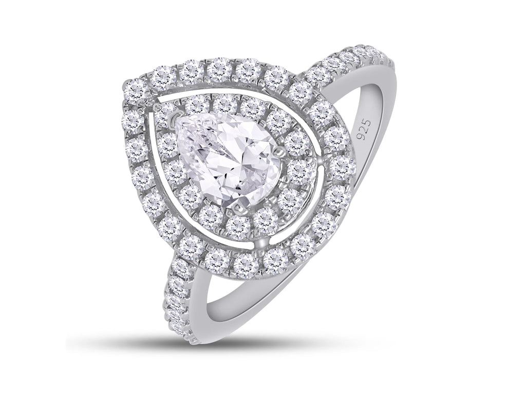 Pear Shaped Double Halo Moissanite Engagement Ring in 18K White Gold Plated 925 Sterling Silver X440760