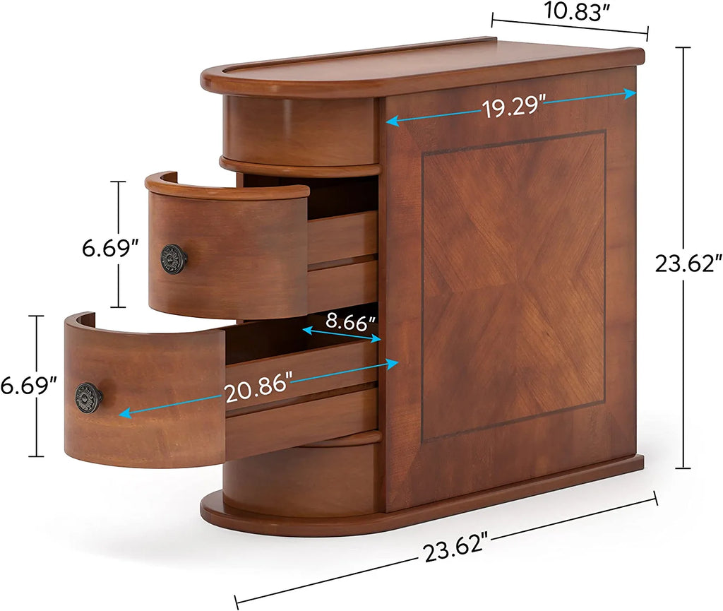 Half Round End Table with 2 Drawers, Sofa Side Desk with Storage, Slim Nightstand, Brown H6476