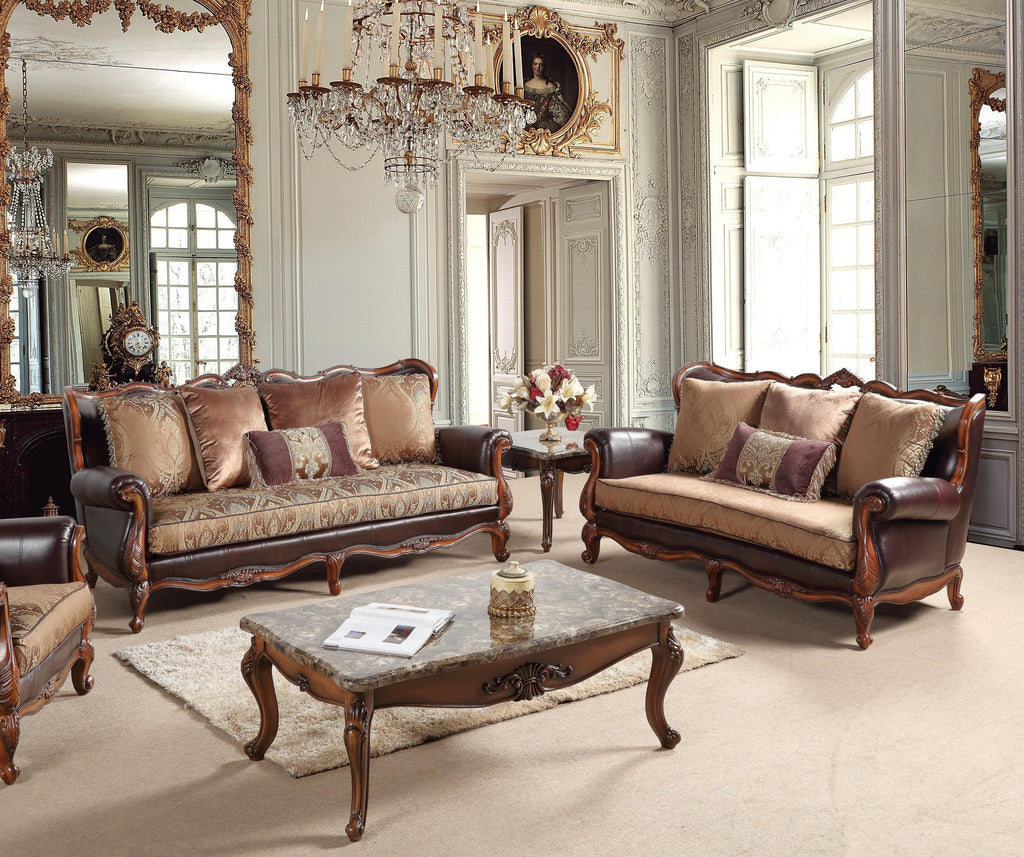 Cherry Finish Wood Pattern Fabric Sofa Set 2Pc D867834