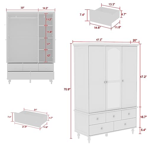 White 3 Door Wardrobe with Mirror and 5 Drawers A6113