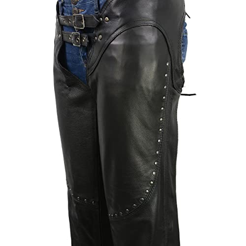 Black Low-Rise Waist Front Double Buckle Rivet Detailing Motorcycle Chaps R864