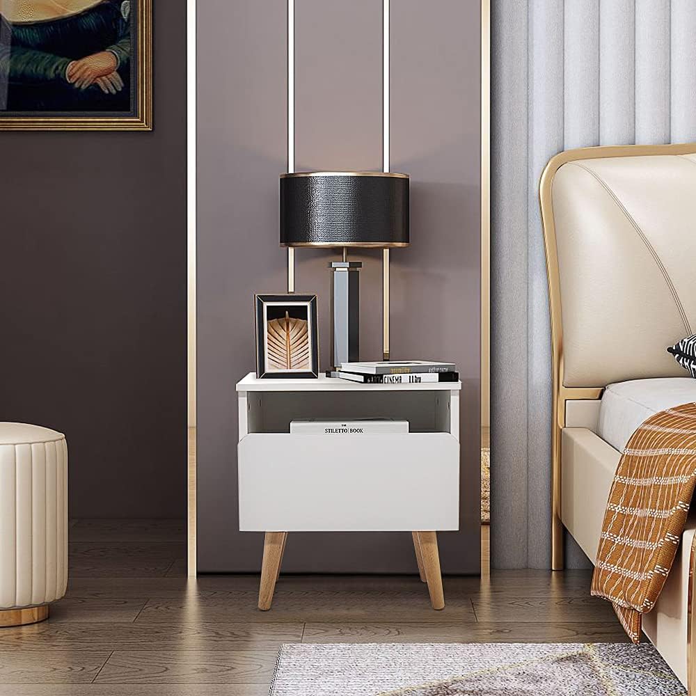 White Solid Wood Nightstand with Drawer and Storage Shelf Y91980