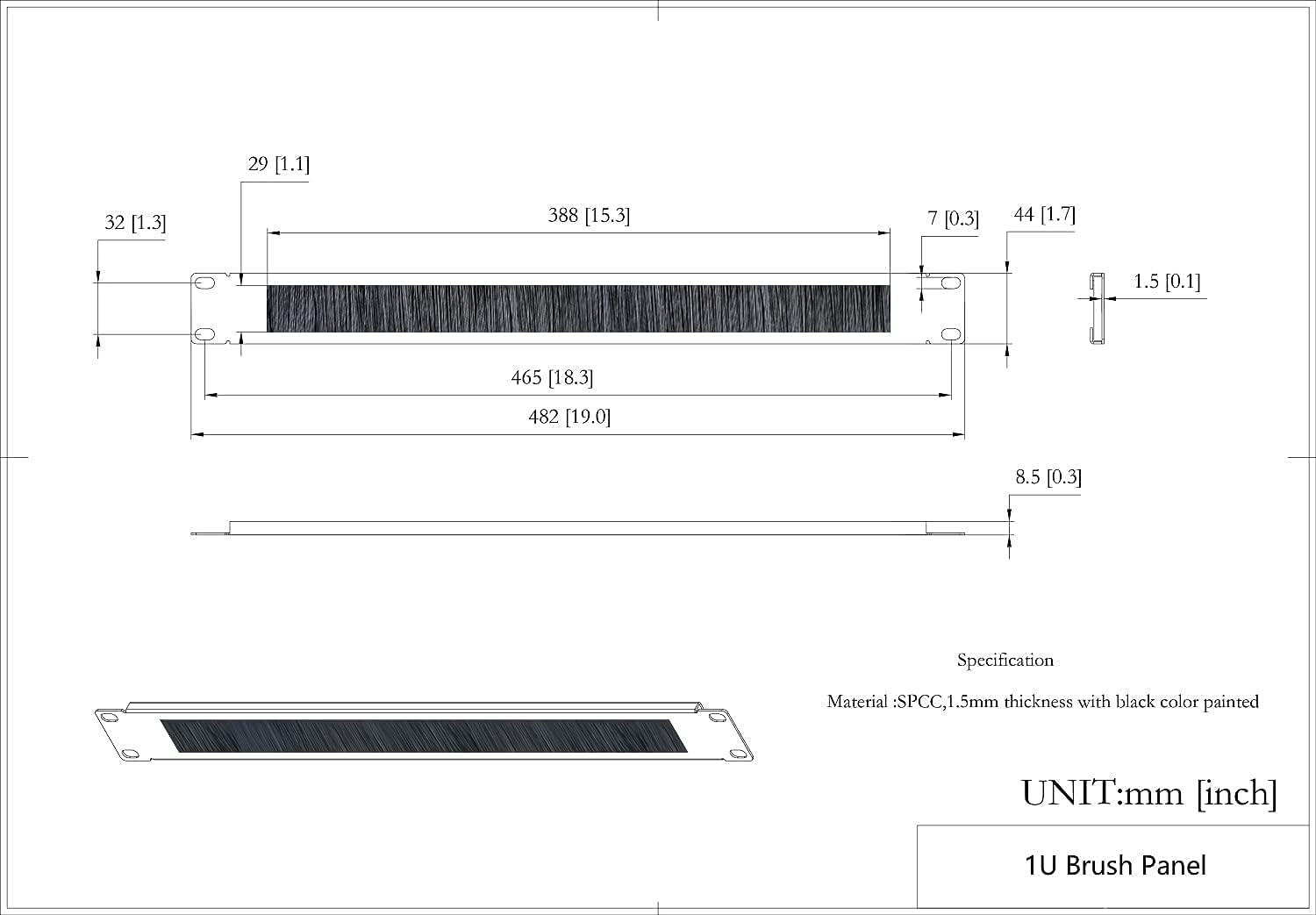 5 Pack 1U Horizontal Brush Cable Manager for 19 Inch Server Rack J374