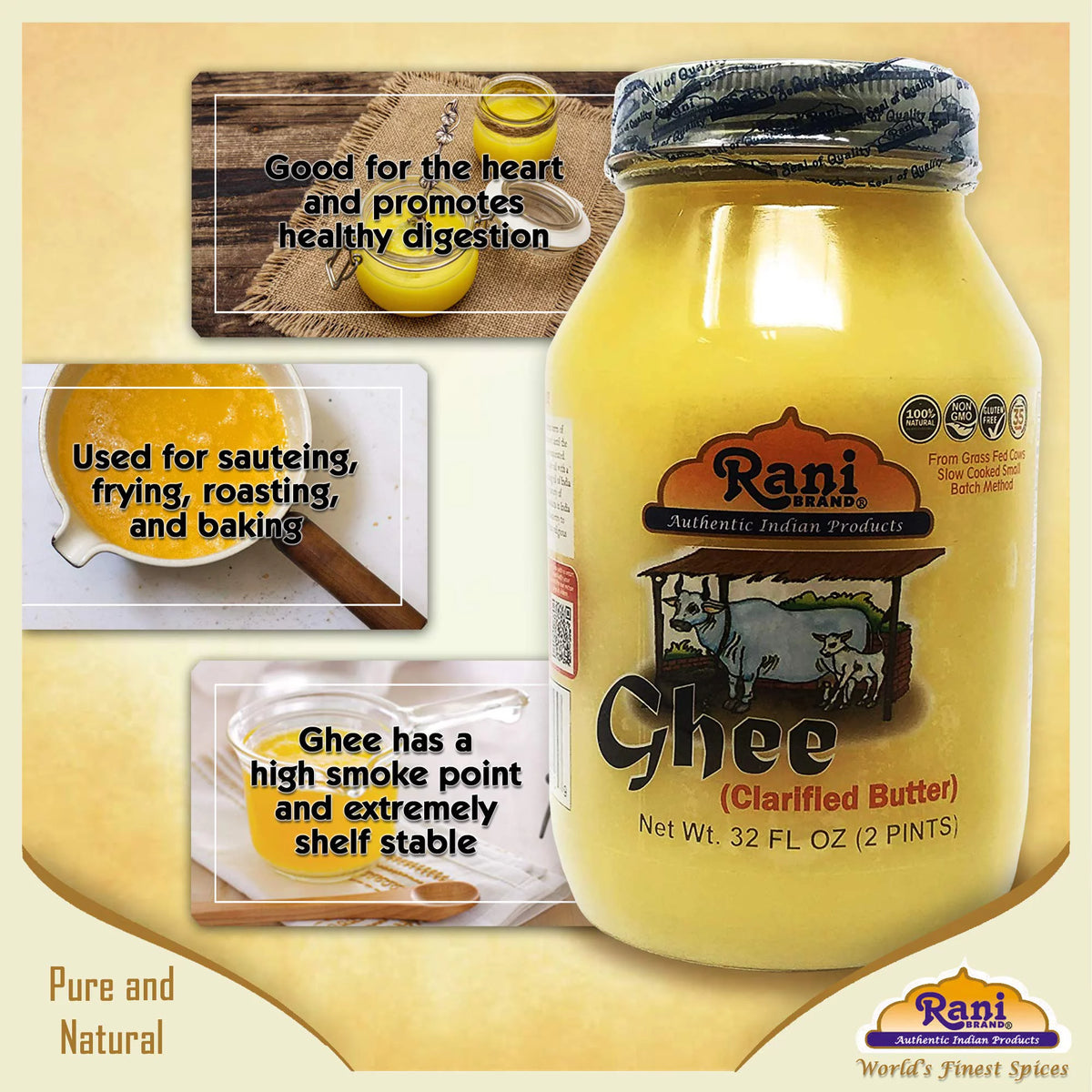 Pure Ghee Clarified Butter 2lbs (32oz) Glass Jar Y5653