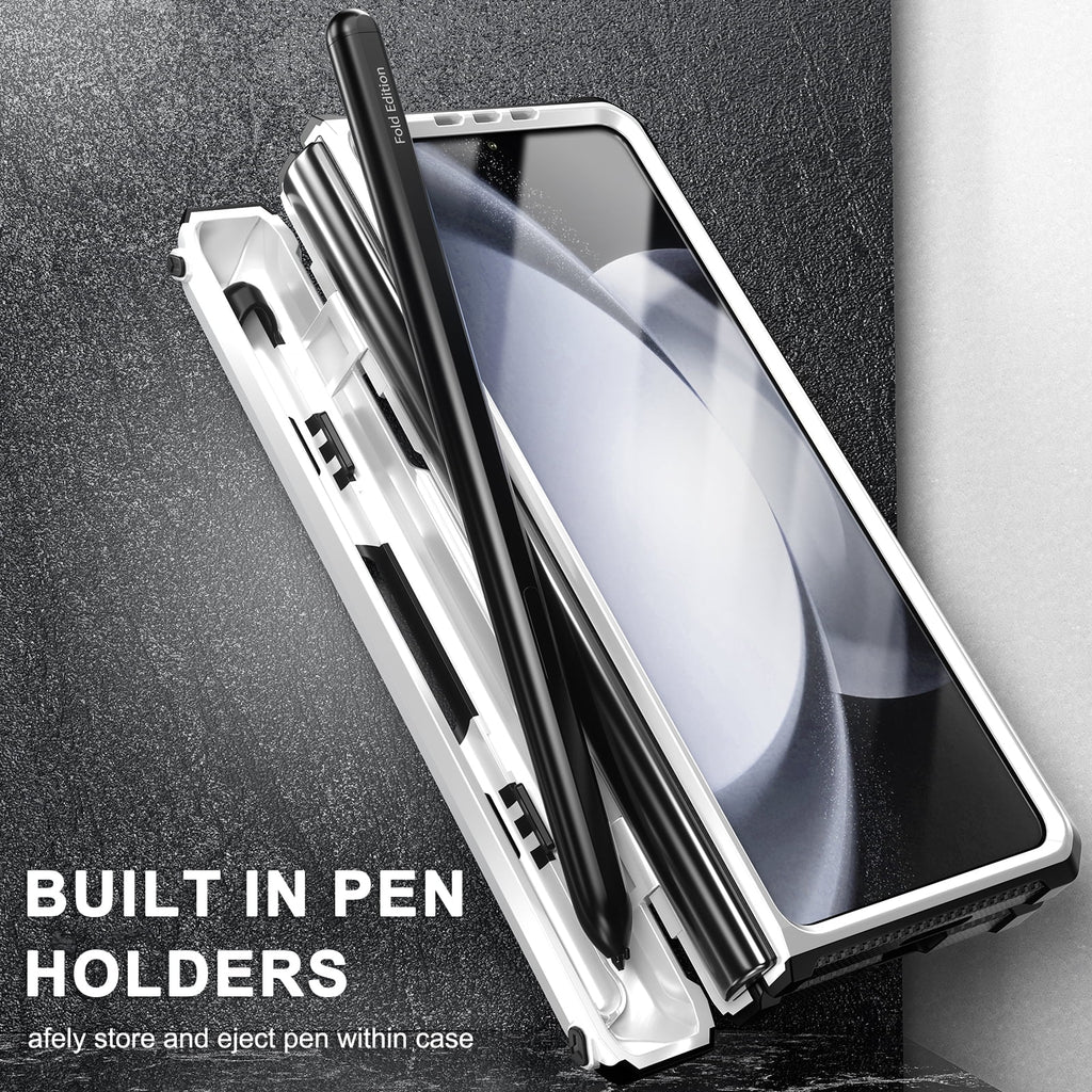 White Rugged Full Body Case with Built-in Glass Screen Protector Hinge Protection Hidden Kickstand Pen Slot Shockproof Armor Case P152015