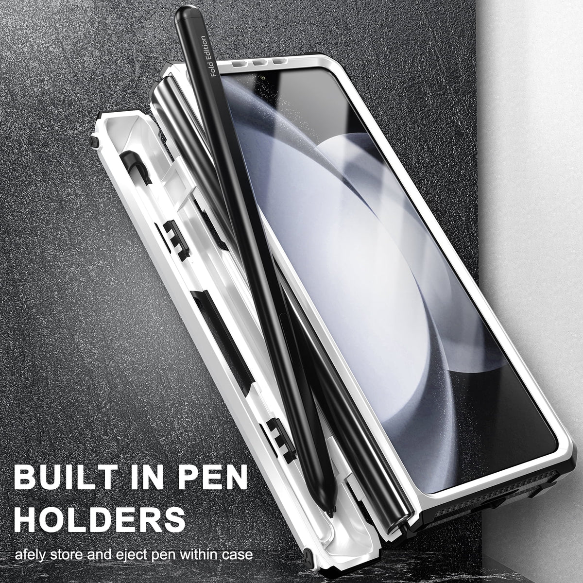White Rugged Full Body Case with Built-in Glass Screen Protector Hinge Protection Hidden Kickstand Pen Slot Shockproof Armor Case P152015