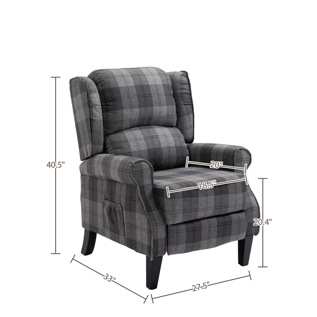 Gray Check Upholstered Recliner Chair with Adjustable Footrest and Side Pocket M47147