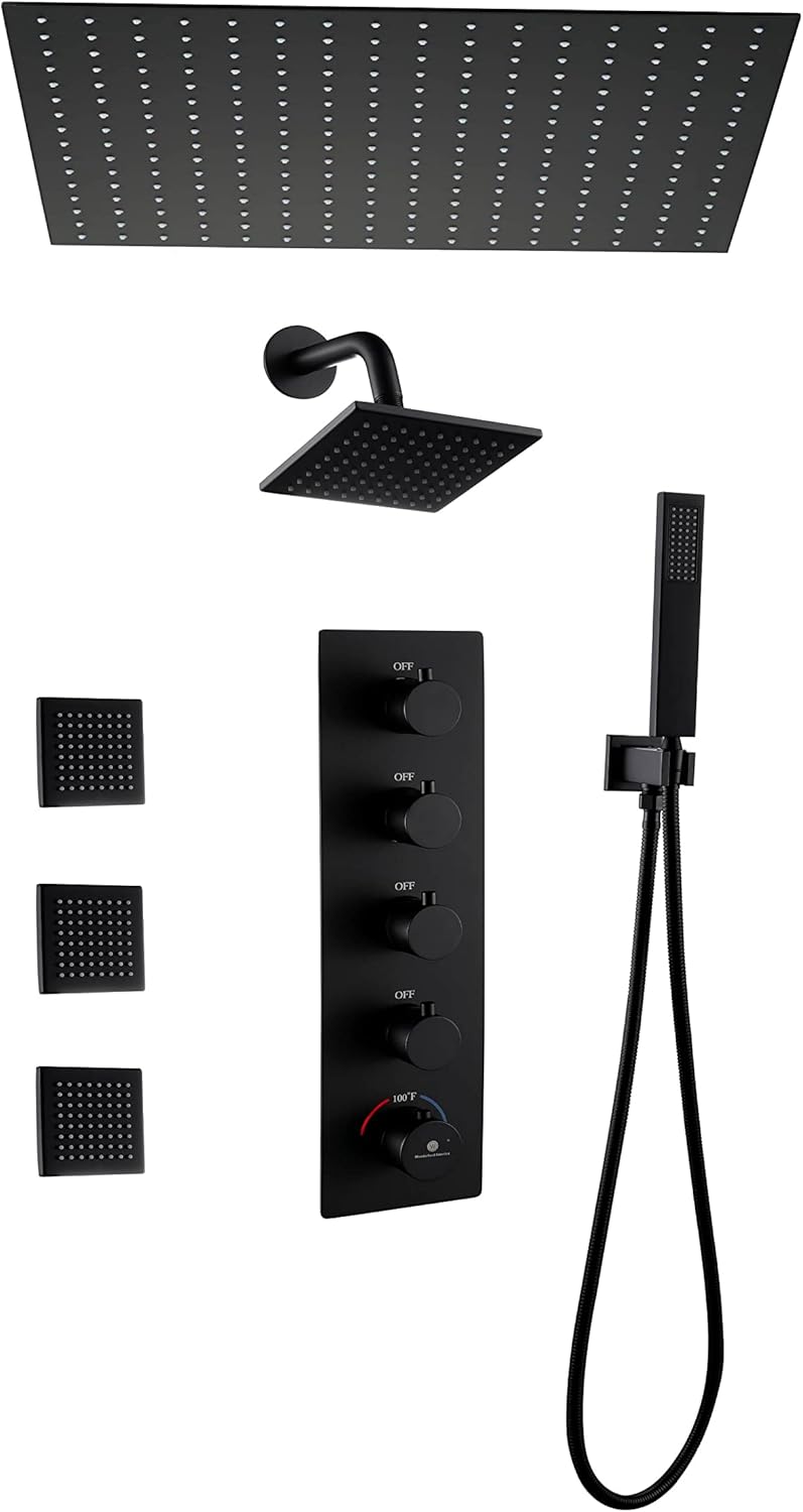 Matte Black 4 Way Thermostatic Shower Valve System with Body Jets, Handheld, 6" High Pressure Head and 20" Rain T664386