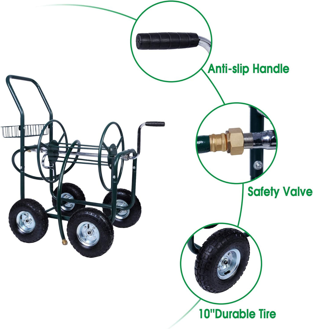 Garden Hose Reel Cart 4 Wheels with Storage Basket, Holds 390FT Hose B600