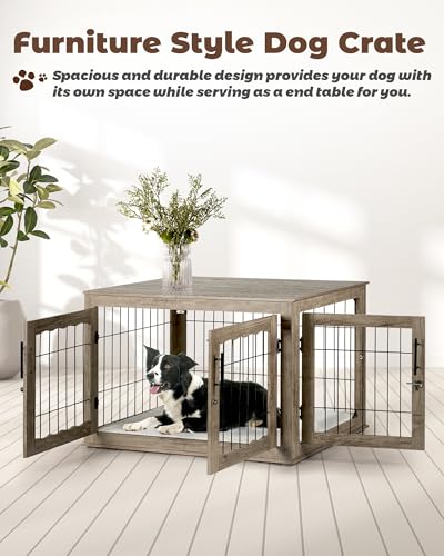 Greige Wooden Dog Crate with Bed Mat E104453