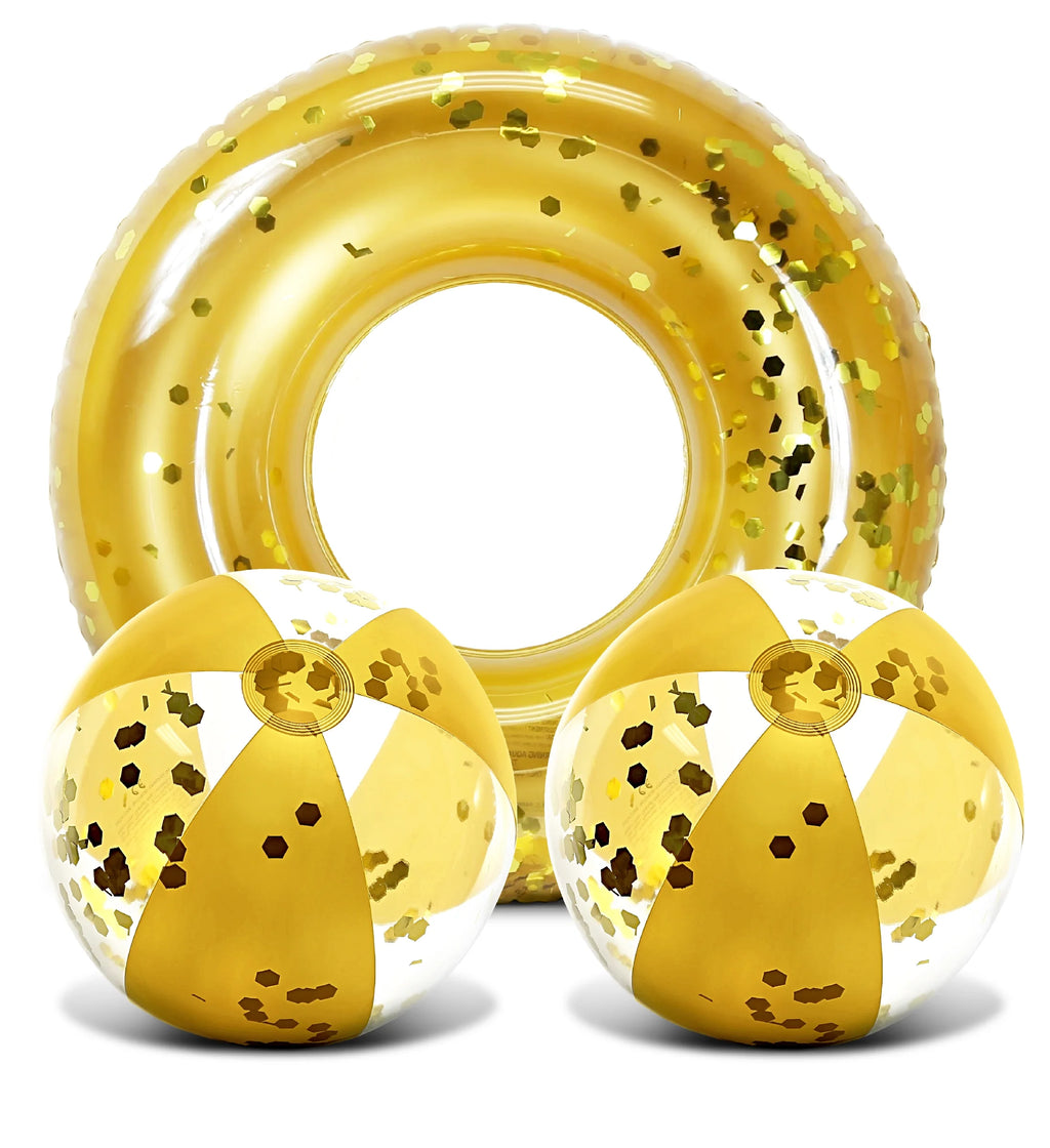 Bundle of Gold Inflatable Pool Float Tube & Beach Balls Set of 3 P275