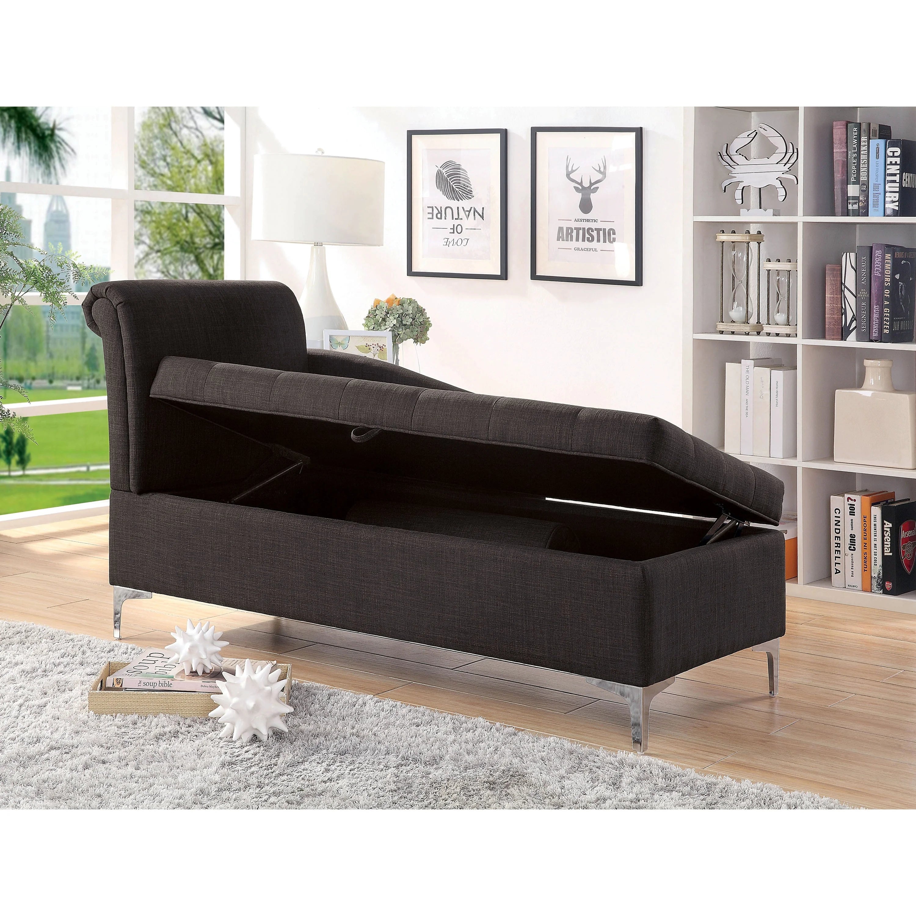 Grey Fabric Upholstered Button Tufted Chaise T26920