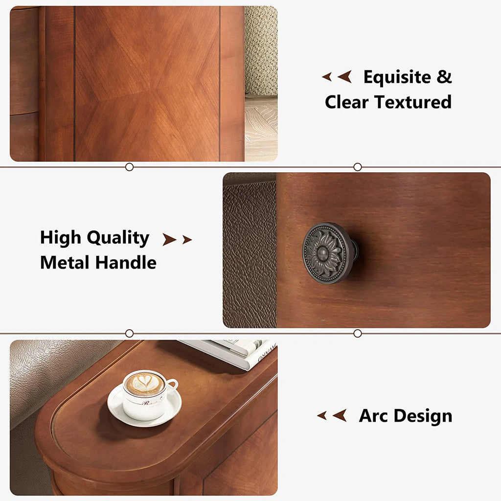 Half Round End Table with 2 Drawers, Sofa Side Desk with Storage, Slim Nightstand, Brown H6476