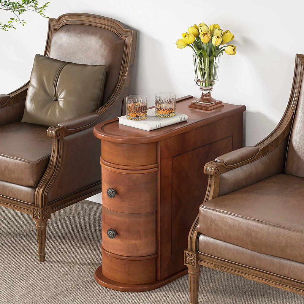 Half Round End Table with 2 Drawers, Sofa Side Desk with Storage, Slim Nightstand, Brown H6476