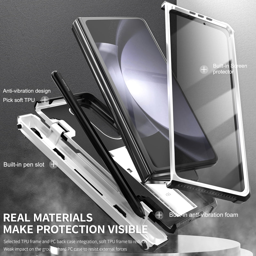 White Rugged Full Body Case with Built-in Glass Screen Protector Hinge Protection Hidden Kickstand Pen Slot Shockproof Armor Case P152015