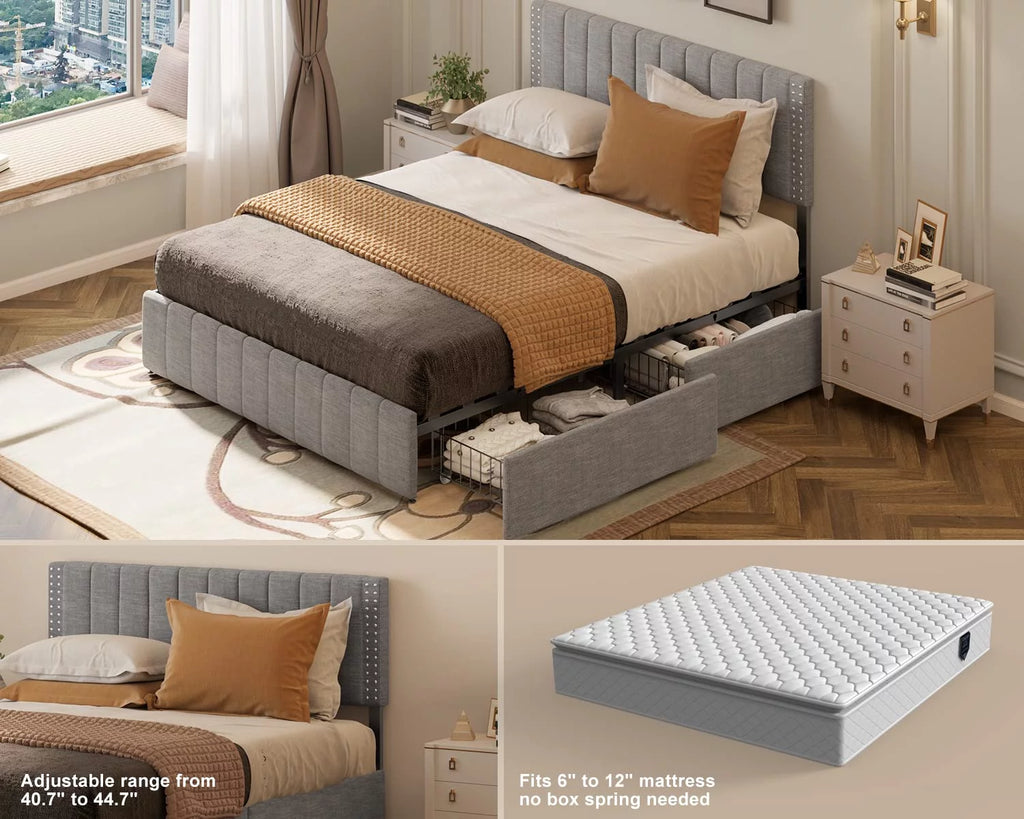 Light Grey Full Size Bed Frame with Storage Drawers L5521