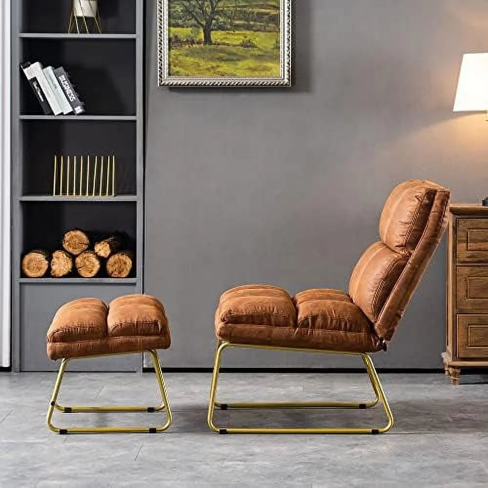 Accent Chair with Ottoman PU Leather Club Chair with Golden Metal Legs Z43724