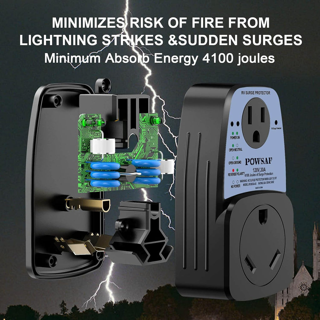 RV Surge Protector, 30 Amp Male to 30 Amp Female and 15 Amp Female I36100
