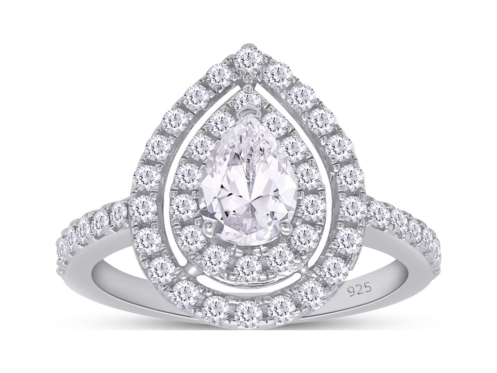 Pear Shaped Double Halo Moissanite Engagement Ring in 18K White Gold Plated 925 Sterling Silver X440760