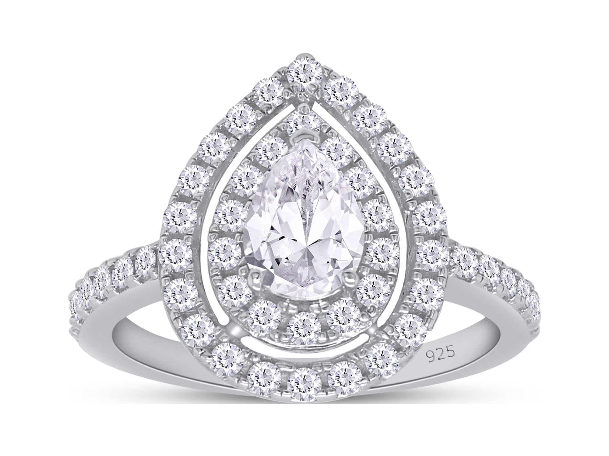 Pear Shaped Double Halo Moissanite Engagement Ring in 18K White Gold Plated 925 Sterling Silver X440760