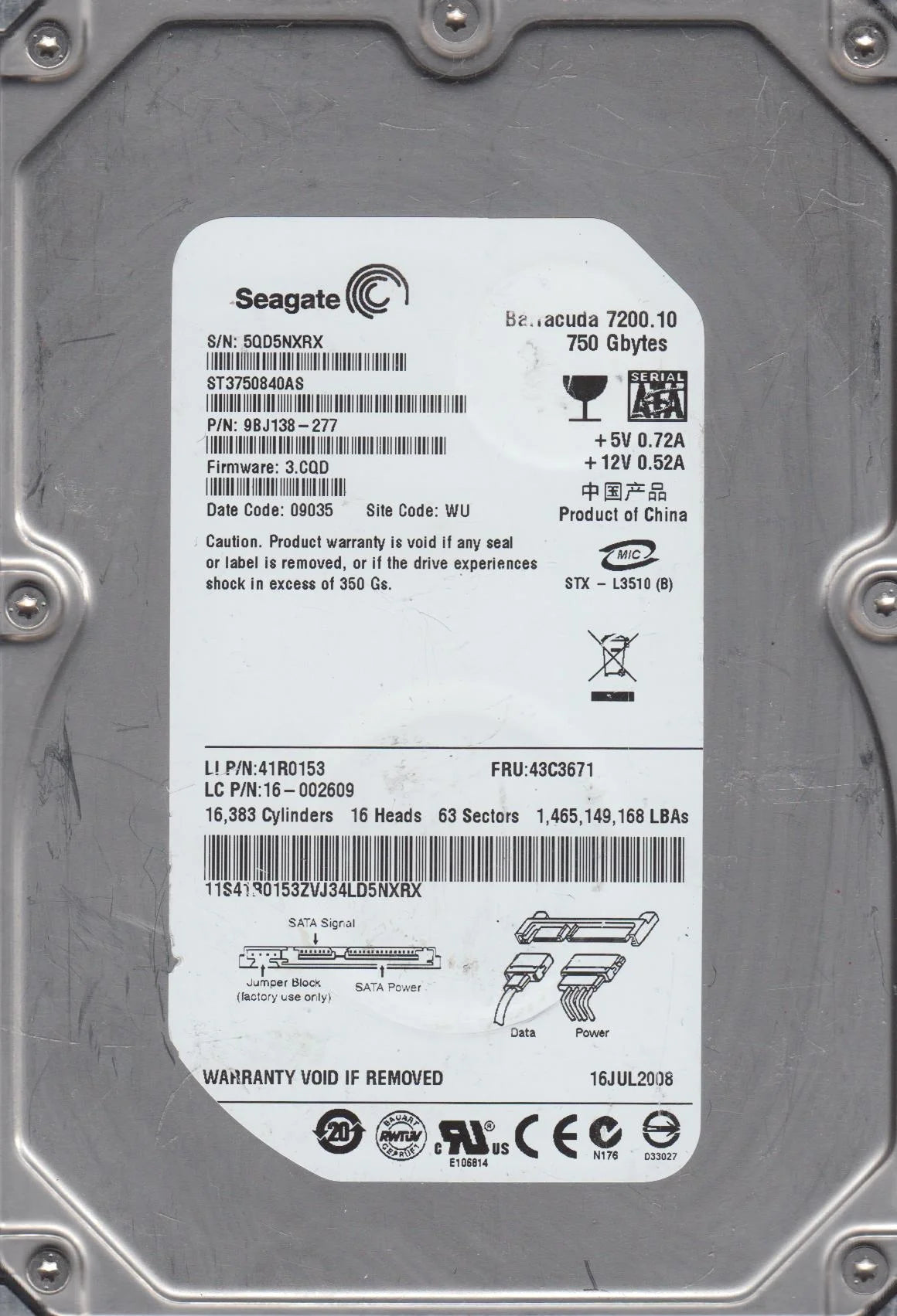 750GB SATA 3.5 Hard Drive Z492