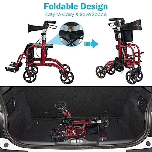 2 in 1 Folding Rollator Walker with Seat, 8-inch Wheel, Aluminium Frame L727