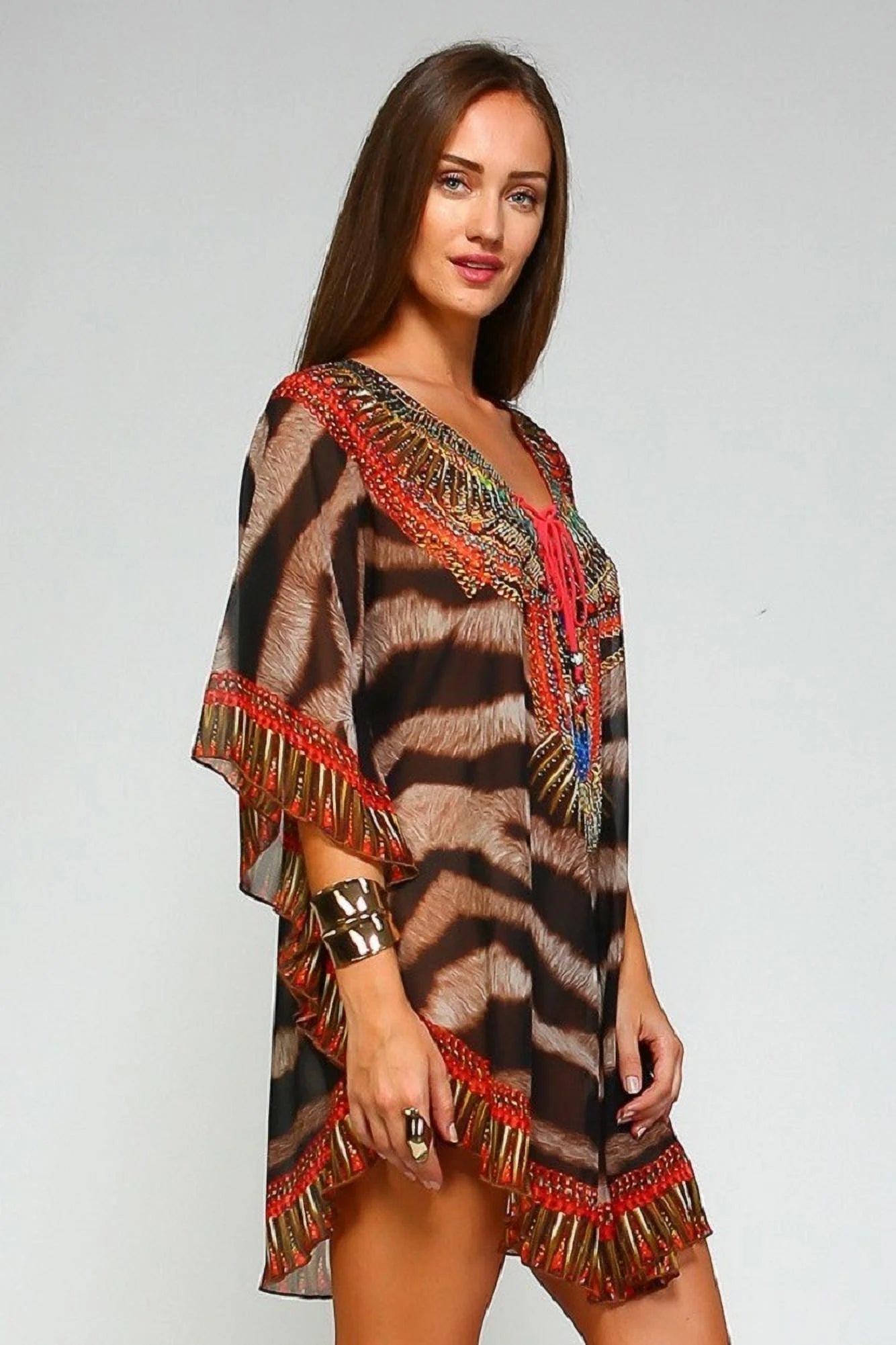 Animal Printed Lace up Kaftan F10135