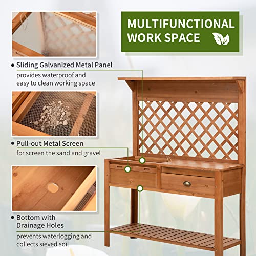 Outsunny Garden Potting Bench, Outdoor Wooden Workstation Table with Metal Screen, Drawer, Hooks, Storage Shelf, and Lattice Back L4437