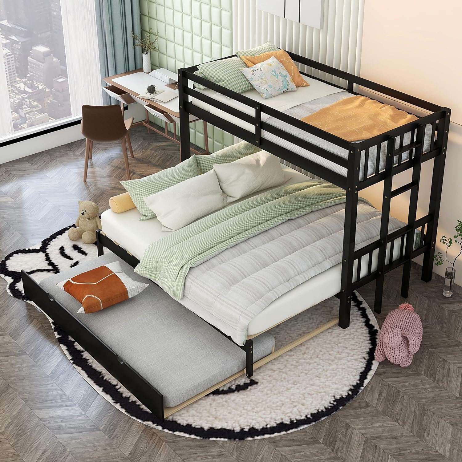 Over King Solid Wood Bunk Bed with Trundle (Espresso) D484