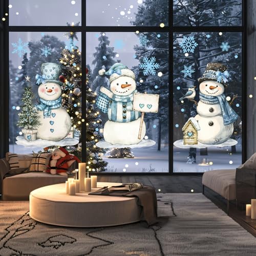 13.8 x 35.4'' Extra Large Christmas Window Clings 3 Sheets Blue Snowman Snowflake Window Stickers Double Sided Glass Decals F5871