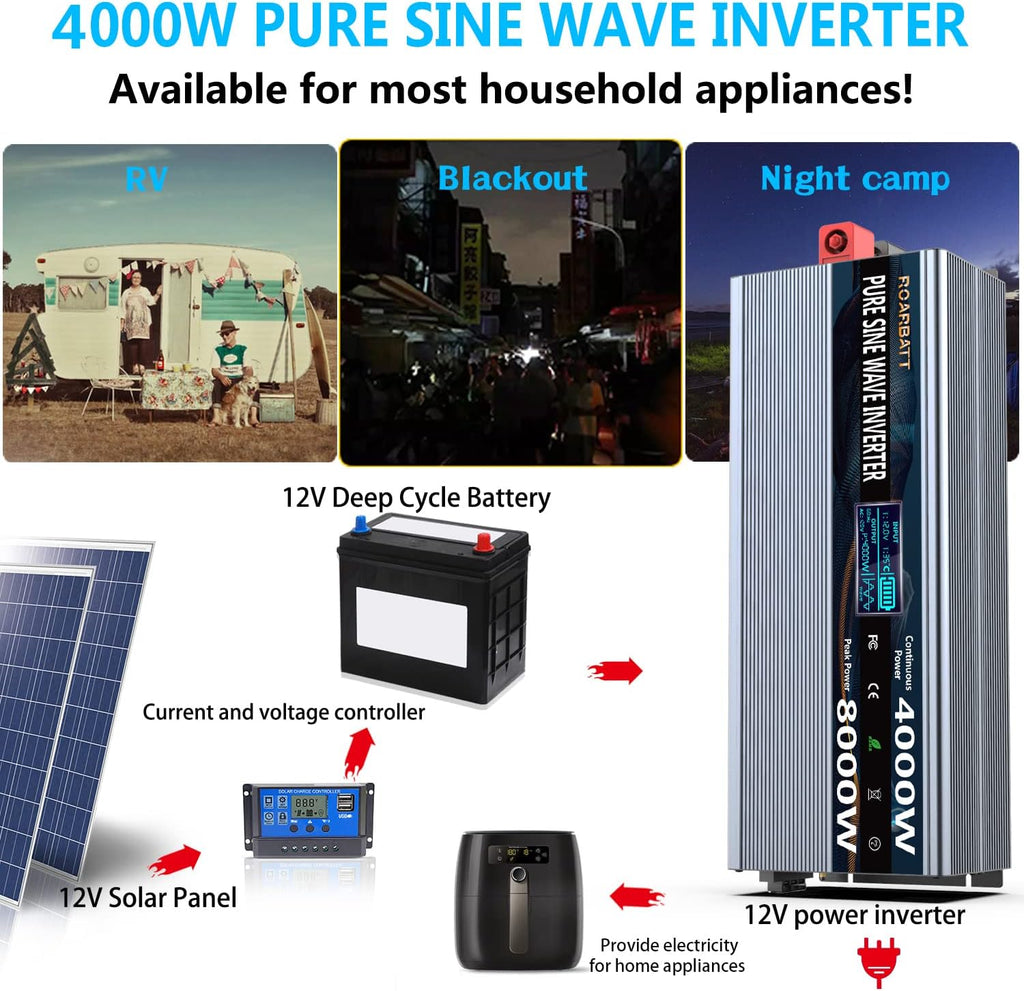 4000Watt 12V DC to AC 110V Power Inverter with Remote Control 4 AC Outlets and Dual USB Port G4848
