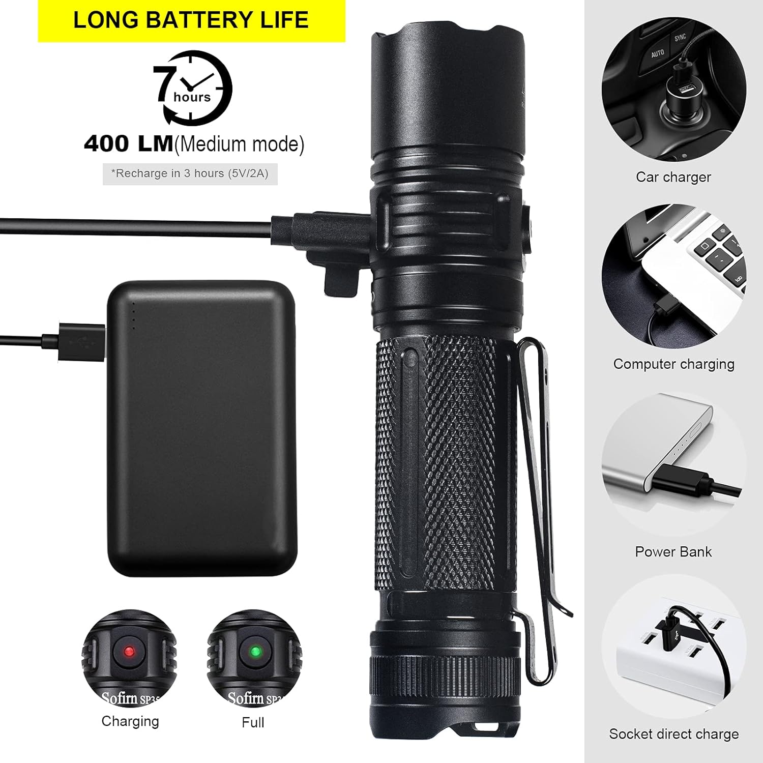 Rechargeable LED Flashlight 2000 Lumen with ATR, USB-A to USB-C Cable T922