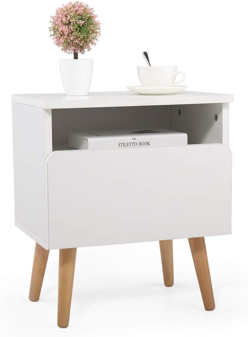 White Solid Wood Nightstand with Drawer and Storage Shelf Y91980