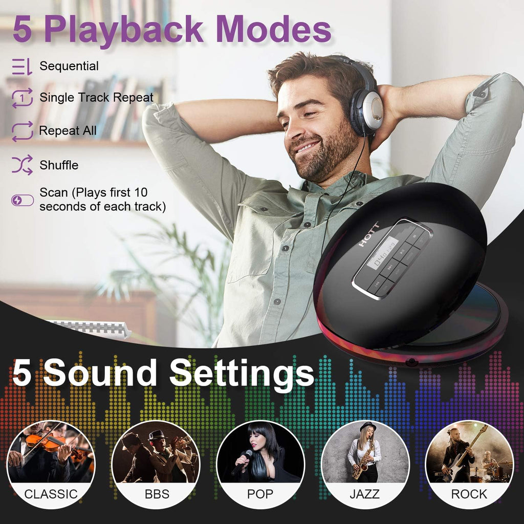 Portable CD Player with LCD Display Anti-Skip Headphones USB Cable Black Pack of 2 X771