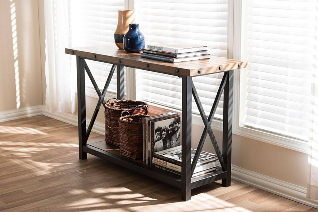 Antique Black Textured Metal Distressed Wood Console Table Y16925