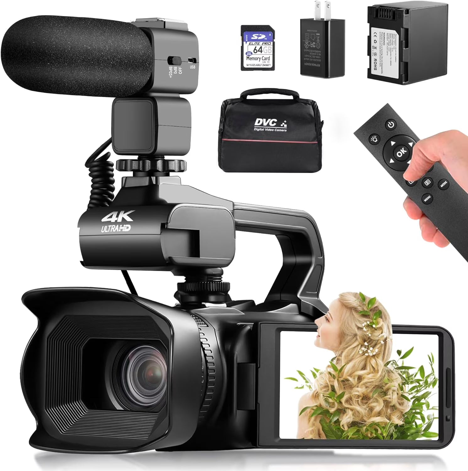 4k Video Camera Camcorder with 18X Digital Zoom, 64MP, 4.0-inch Rotating Touchscreen, 64GB SD Card, Black Q511