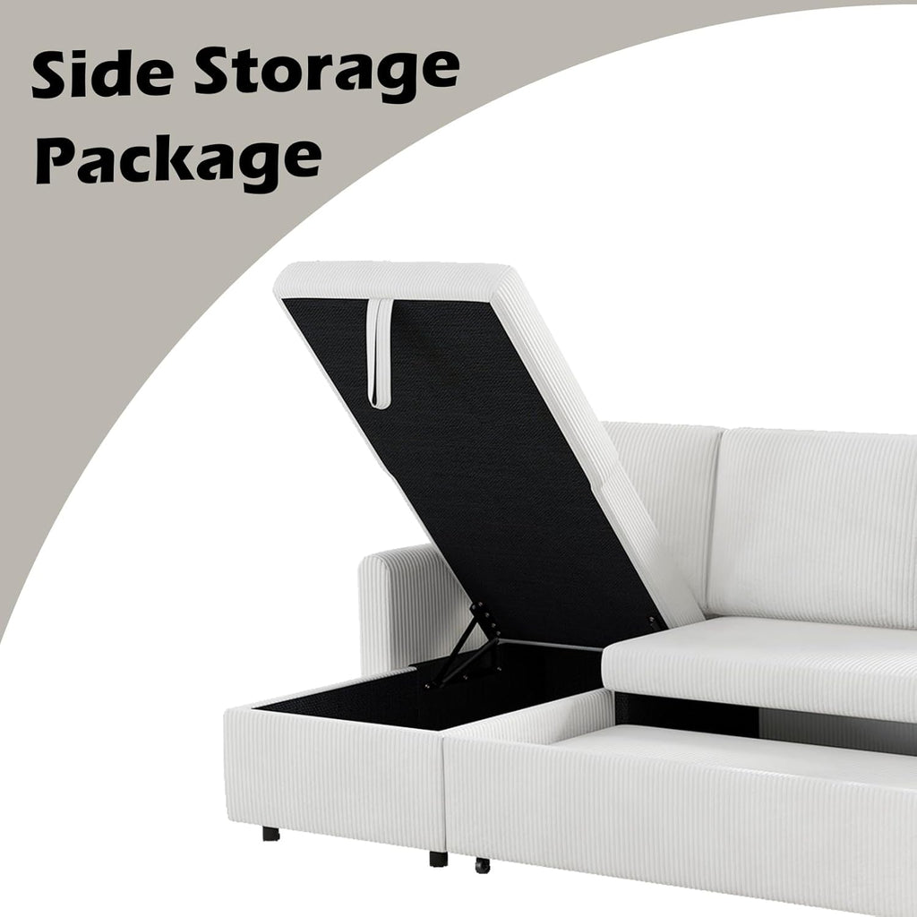 Beige Corduroy L-Shaped Sleeper Sofa with Storage Chaise and 2 Pillows I62279