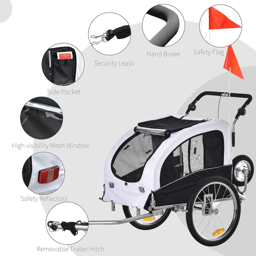 White Dog Bike Trailer Pet Stroller With Canopy And Storage Pockets B154542