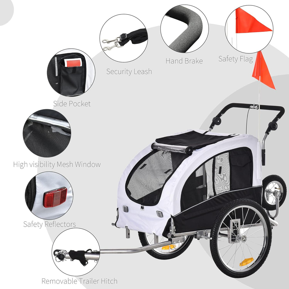 White Dog Bike Trailer Pet Stroller With Canopy And Storage Pockets B154542